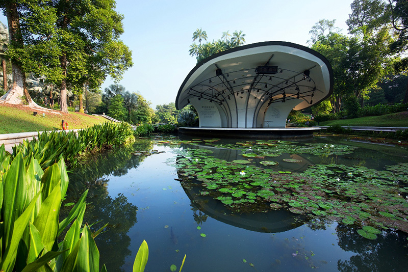 Shaw Foundation Symphony Stage at the Singapore Botanic Gardens, surrounded by a pond